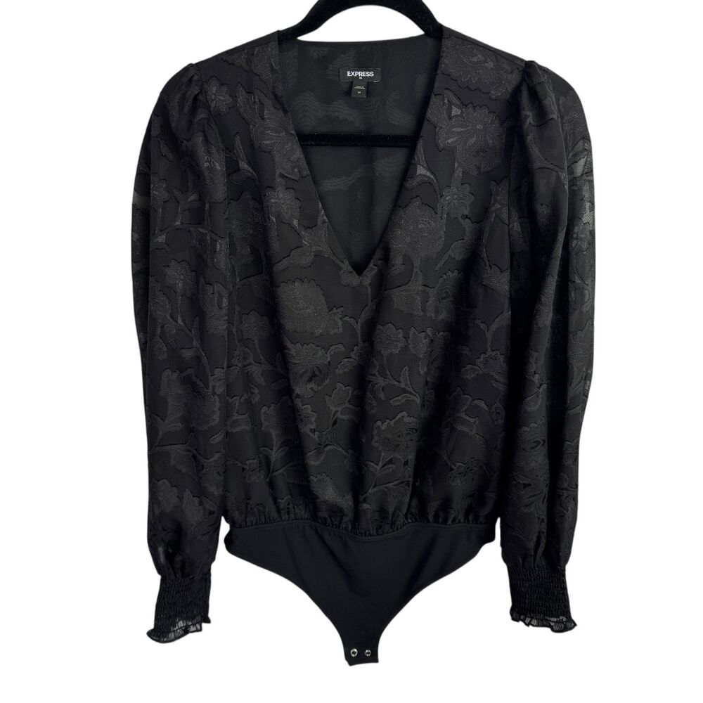 Express Women's Bodysuit Blouse Size Medium Black Floral Long Sleeves